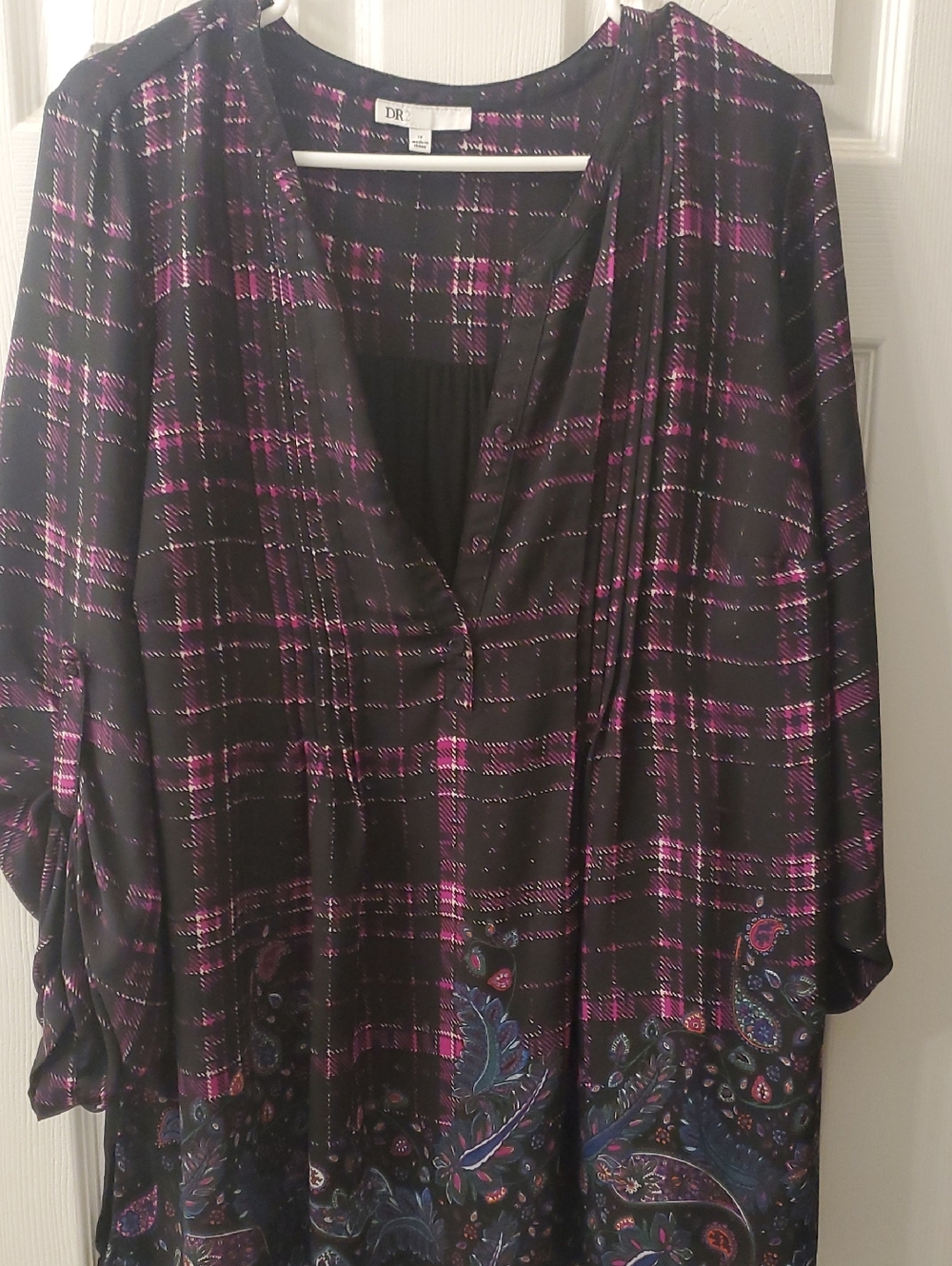 Daniel Rainn Black and Pink Plaid V-Neck Tunic with Paisley Hem
